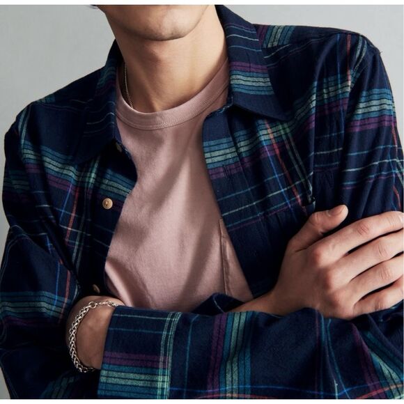 ✨Madewell Men’s Crinkle Cotton Perfect Long-Sleeve Juniper Berry Sz Small Shirt✨ - Picture 2 of 11